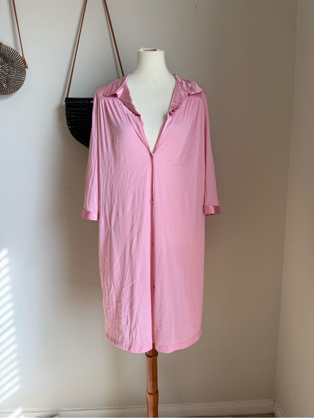Vintage Vanity Fair Pink Nylon Button Sleep Nightgown, Size Small